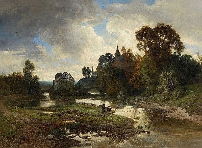 Paesaggio con ruscello e pescatori